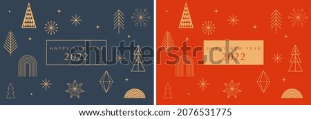 Simple Christmas background, elegant geometric minimalist style. Happy new year banner. Snowflakes, decorations and Xmas trees elements. Retro clean concept design Royalty-Free Stock Photo #2076531775