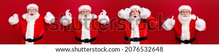 Composite collage of overweight father saint Nicolas advising amazing newyear low shopper customer prices over shine red background