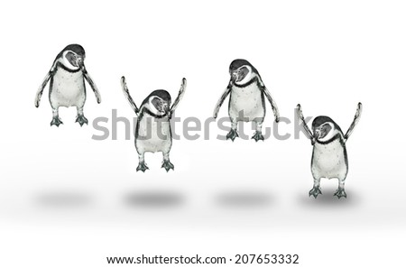 Group of happy penguins jumping and flying.