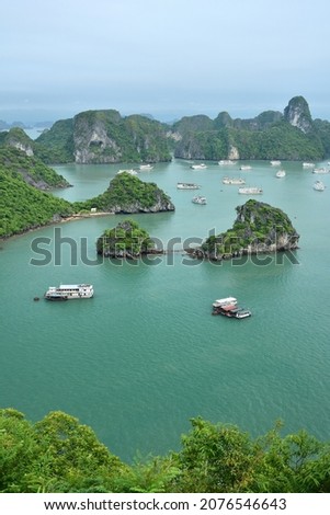 View of the islands and cruises from the top of Ti Top island in Ha Long Bay, Vietnam Royalty-Free Stock Photo #2076546643