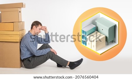 Rental storage room concept. Puzzled man next to boxes. Guy is thinking about storage room. Person needs warehouse to store things. Warehouse container with content demo. Warehouse space rental