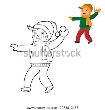 coloring book, cute cartoon kids playing snowballs. vector isolated on a white background.