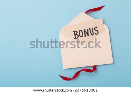 Bonus gift card with envelope and red ribbon on blue background
