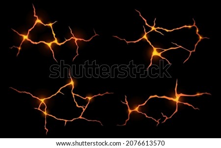 Lava in ground cracks top view, volcano magma glow texture in cracking holes, ruined land surface. Damage fissure effect after earthquake disaster isolated on black background, Realistic 3d vector set