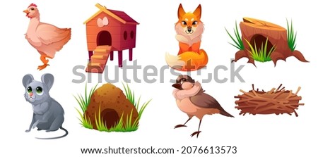 Set of pets, domestic or wild animals and their homes. Cute characters chicken and coop, fox and stump, mouse and burrow, sparrow and nest isolated on white background, Cartoon vector illustration
