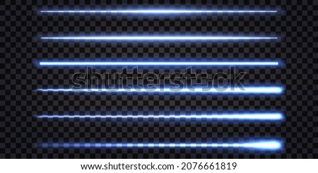 Blue neon glowing sticks, laser beams with electric light effect. Lightning thunder bolt. Set of straight shiny lines isolated on dark transparent background. Vector illustration Royalty-Free Stock Photo #2076661819