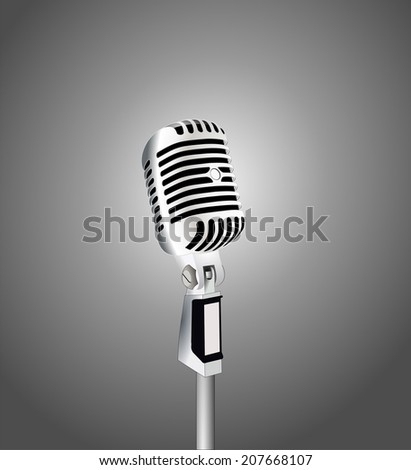 Vintage single retro silver metallic microphone. vector art image illustration, isolated on white background 