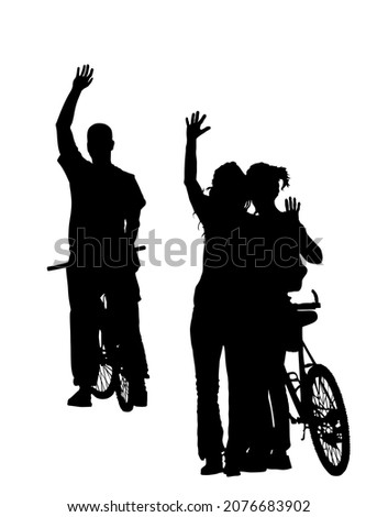 Bicycle boy waving hands greeting to bike girl friends vector silhouette illustration isolated white. Tourist man hand wave saying hi to women. Biker send off sign tourist outdoor travelers on route.
