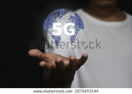 Businessman touching global network and data, Global network connection 5G on hand man. Global network connection 5G concept.