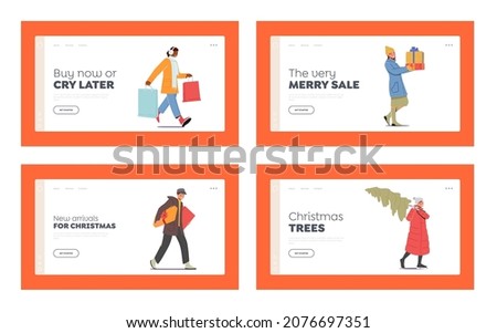 Happy People Carry Gift Boxes, Buying Presents on Fair Landing Page Template Set. Characters Walking and Hurry Up for Christmas Celebration with Family on Winter Holidays. Cartoon Vector Illustration
