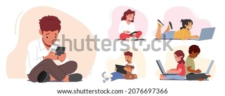 Set of School or Preschool Children Using Gadgets, Kids Remote Education, Addiction of Smart Technologies. Early Development, Students Characters Studying Online. Cartoon People Vector Illustration Royalty-Free Stock Photo #2076697366