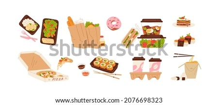 Takeaway food set. Take-away pizza, sandwich, lunch box, asian meal and coffee to go. Groceries and dishes in paper bags, containers and packages. Flat vector illustration isolated on white background