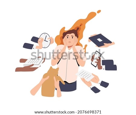 Busy tired person overloaded with plenty of work and personal tasks. Woman in stress under pressure of many different businesses and burdens. Flat vector illustration isolated on white background Royalty-Free Stock Photo #2076698371