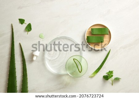 Aloe vera extract research in laboratory with a petri dish dropper in white background for aloe vera research advertising , photography science content