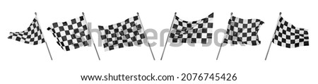 Checkered racing finish flags on white background, collage. Banner design Royalty-Free Stock Photo #2076745426