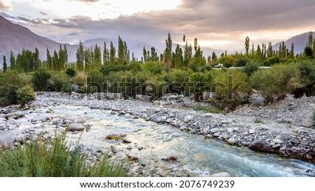 View sunrise at Hunder villege in Nubra valley in Ladakh, India Royalty-Free Stock Photo #2076749239