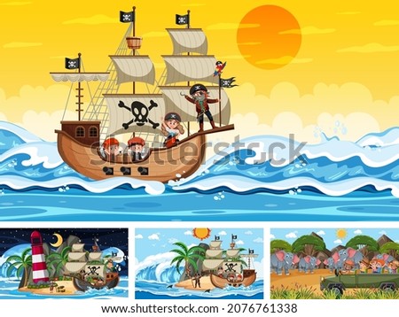 Set of different scenes with pirate ship at the sea and animals in the zoo  illustration