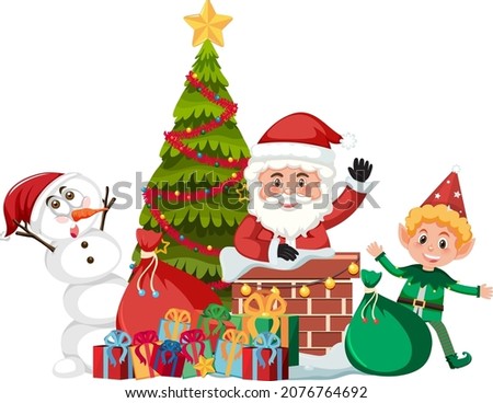 Santa Claus with snowman and Christmas tree illustration