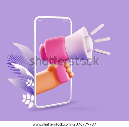 Online marketing concept illustration with cartoon 3d rendered hand holding megaphone coming out from smartphone screen on purple background. Vector illustration Royalty-Free Stock Photo #2076779797