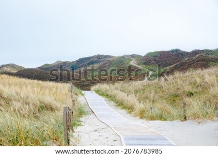 Path made of wooden slats between the dunes on the North Sea. Beach on the North Sea. Vacation in Germany. Beach wedding	