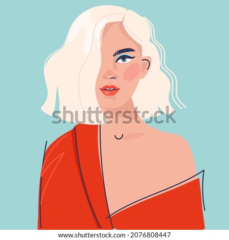 young beautiful girl with blonde hair in a bare shoulder in a red  kimono .  flat illustration.  Royalty-Free Stock Photo #2076808447