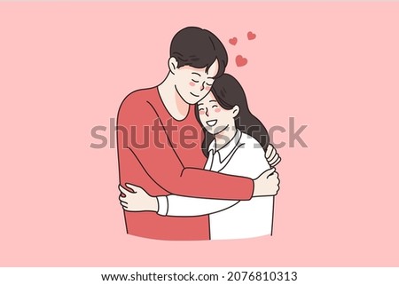 Love tenderness and romantic feelings concept. Young loving smiling couple boy and girl standing hugging embracing each other feeling in love vector illustration  Royalty-Free Stock Photo #2076810313