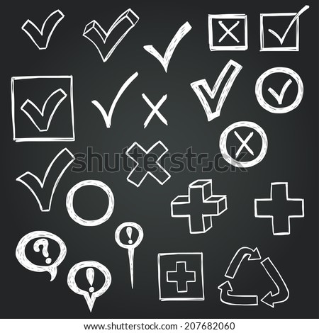 Checkmarks and checkboxes drawn in a doodled style on chalkboard background.
