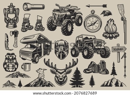 Set of vector camping design elements (deer, flashlight, tent, bonfire, camping, compass, SUV) on light background.