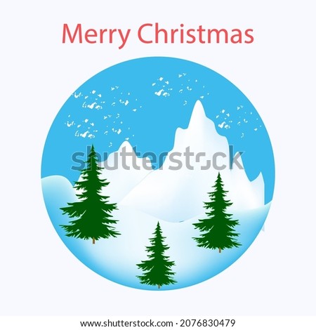 Snowy mountains, green fir trees - round icon - vector. Merry Christmas. Sale. Winter vacation.