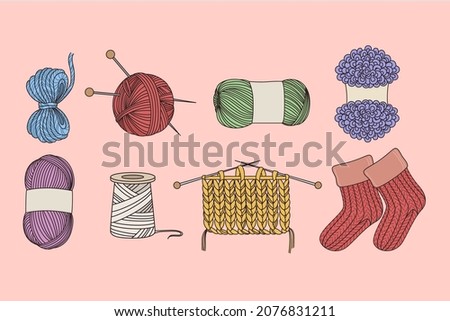 Objects and tools for knitting concept. Set of colorful wool threads needles for knitting hobby and red knit socks over pink background vector illustration 