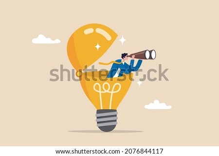 Creativity to help see business opportunity, vision to discover new solution or idea, curiosity, searching for success concept, businessman open lightbulb idea using binoculars to see business vision. Royalty-Free Stock Photo #2076844117