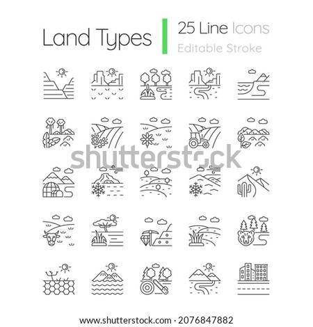 Land types linear icons set. Biome diversity. Hot and cold climate zones. Agriculture and industry areas. Customizable thin line contour symbols. Isolated vector outline illustrations. Editable stroke Royalty-Free Stock Photo #2076847882