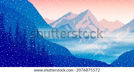 Dawn in the mountains, winter morning. Forest, peaks in the haze. Vector landscape.