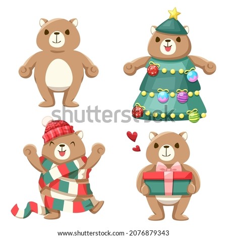Bear characters mascot with a variety of moods and gestures for Christmas decorations include gift boxes, hat, sweaters, christmas tree, scarf to decorate websites and cards. 