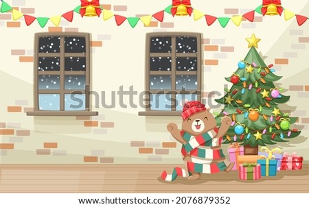Christmas Scene Theme The bear wears a hat and has a scarf, a Christmas tree and gift boxes. Merry Christmas cutout element for Holiday cards, invitations and website. Vector illustration