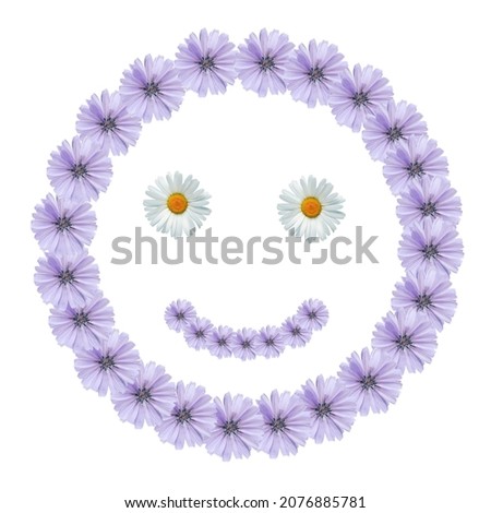 Smile icon made from blue and white daisy flowers on white background