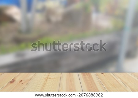 Empty Wood Plate Top Table On Cafe Restaurant Or Coffee Shop Blur Background