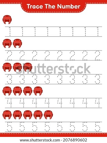 Trace the number. Tracing number with Boxing Helmet. Educational children game, printable worksheet, vector illustration