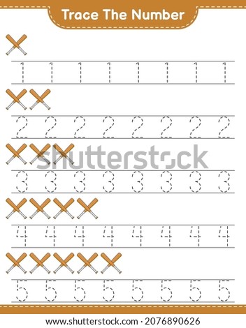 Trace the number. Tracing number with Baseball Bat. Educational children game, printable worksheet, vector illustration