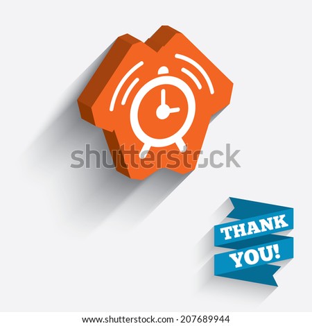 Alarm clock sign icon. Wake up alarm symbol. White icon on orange 3D piece of wall. Carved in stone with long flat shadow. Vector