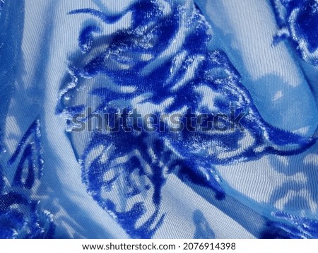 Light blue translucent fabric with a blue stencil plant print in folds (macro, texture).