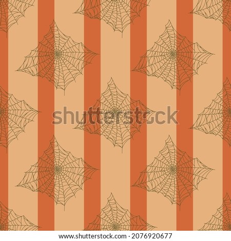 Seamless pattern spider web isolated on orange striped background. Outline spooky cobwebs template for fabric. Design vector illustration.