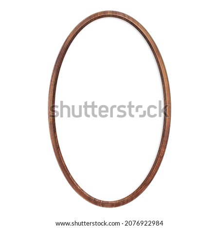Wooden frame. Blank oval wooden frame with white blank backing board on white background. Round empty frame. The layout of the sign. Bulletin board.