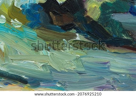 Sea oil painting. Abstract turquoise seascape. Impressionism, plein-air sketch, fragment of a wave. The concept of summer, rest. Artistic pictorial background for creative design of postcards, covers.