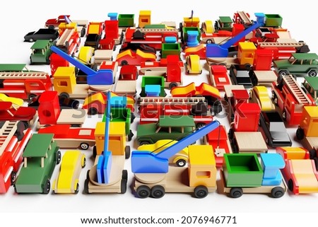 3d illustration of cute kids model cars, convertibles, pickups, truck cranes, firemen, dump trucks  on a white background. Illustration of patterns in cartoon style 