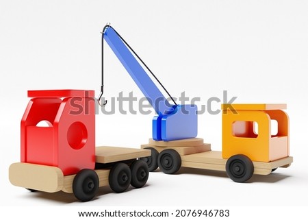 3d illustration of kids toys of a multicolored dump truck and a crane on a white isolated background. Eco-friendly toy for parents and children