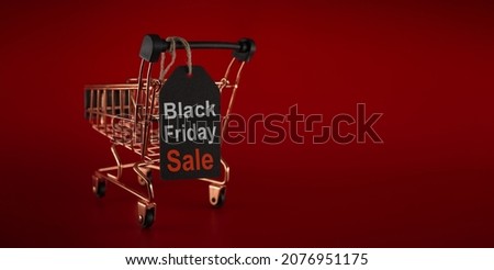 Black Friday Sale tag and golden shopping cart over red background in a panoramic format to use as header or web banner with copy space for text. Black Friday sale, shopping concept
