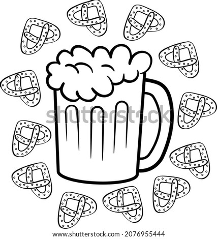 Black and white illustration of a mug of beer surrounded by tiny pretzels.