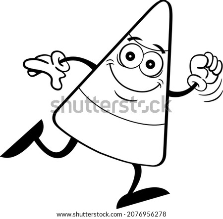 Black and white illustration of a smiling candy corn running.