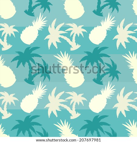 Exotic caribbean seamless pattern with silhouettes tropical coconut palm trees and pineapples. Summer, fruits, beach holidays. Endless print repeating texture. Striped background. Wallpaper - vector